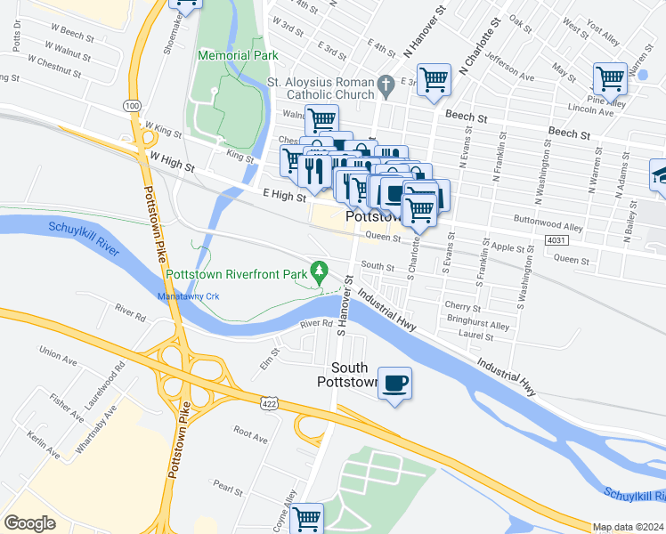 map of restaurants, bars, coffee shops, grocery stores, and more near in Pottstown