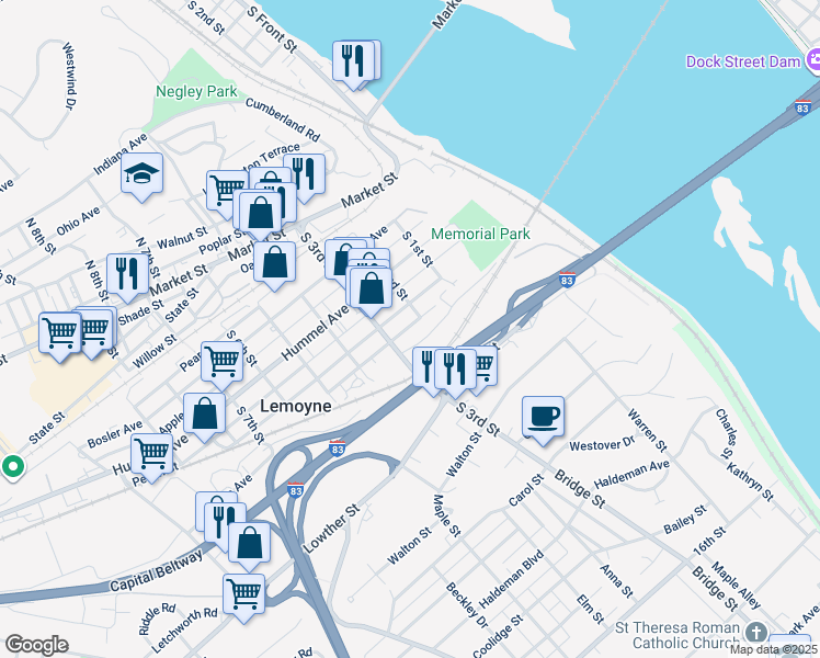 map of restaurants, bars, coffee shops, grocery stores, and more near 231 Plum Street in Lemoyne