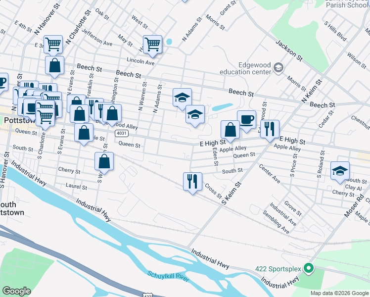 map of restaurants, bars, coffee shops, grocery stores, and more near 740 East High Street in Pottstown