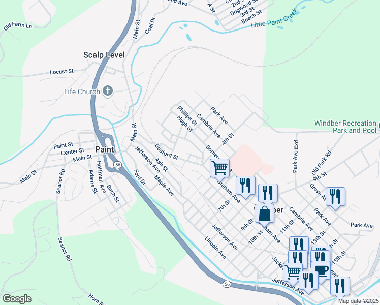 map of restaurants, bars, coffee shops, grocery stores, and more near 501R Bedford Street in Windber