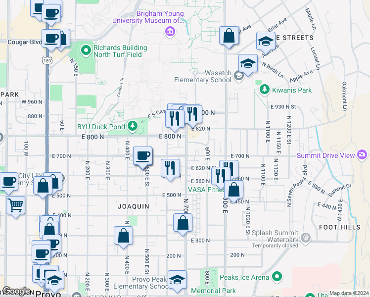 map of restaurants, bars, coffee shops, grocery stores, and more near 737 700 East in Provo