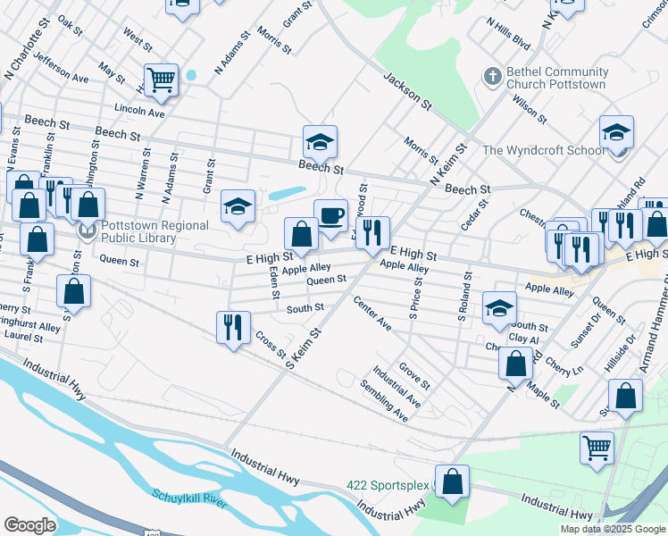 map of restaurants, bars, coffee shops, grocery stores, and more near 935 Apple Alley in Pottstown
