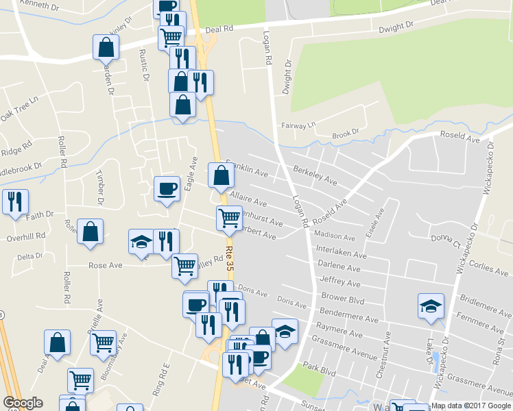 map of restaurants, bars, coffee shops, grocery stores, and more near 1304 Allaire Avenue in Wanamassa