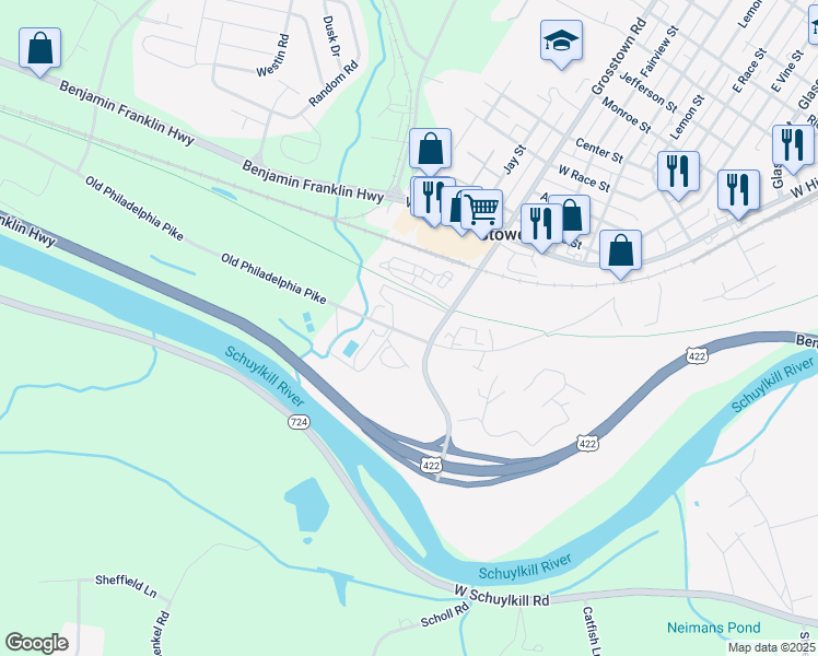 map of restaurants, bars, coffee shops, grocery stores, and more near 635 Old Reading Pike in Stowe