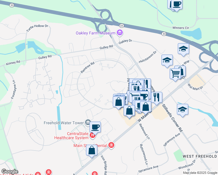 map of restaurants, bars, coffee shops, grocery stores, and more near 73 Greenwood Drive in Freehold