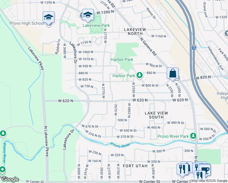 map of restaurants, bars, coffee shops, grocery stores, and more near 704 Riderwood Way in Provo