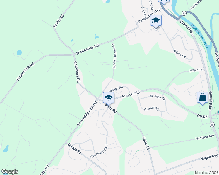 map of restaurants, bars, coffee shops, grocery stores, and more near 115 Raleigh Rd in Schwenksville