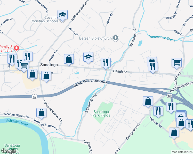 map of restaurants, bars, coffee shops, grocery stores, and more near 2610 Terraced Hill Court in Sanatoga
