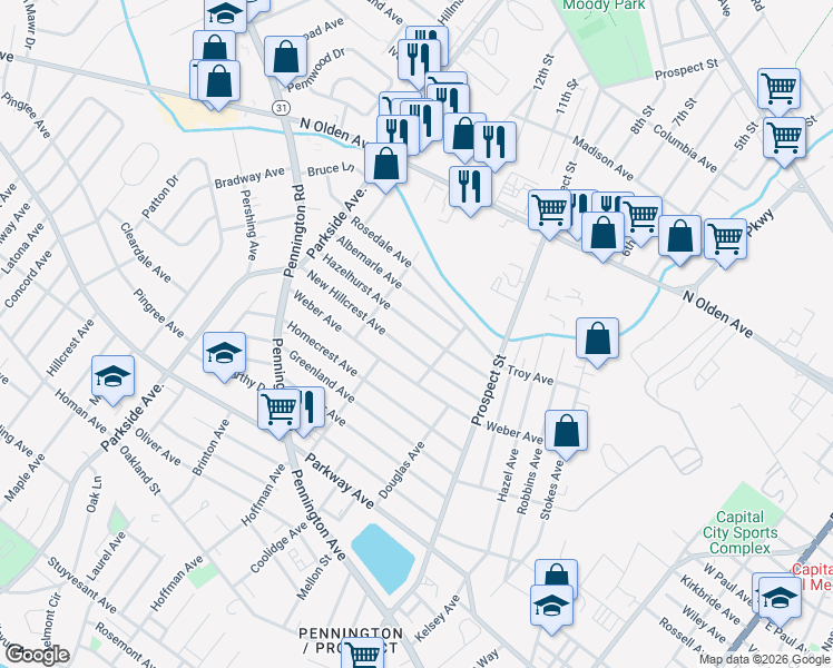 map of restaurants, bars, coffee shops, grocery stores, and more near 133 Hazelhurst Avenue in Ewing Township