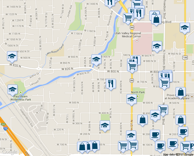map of restaurants, bars, coffee shops, grocery stores, and more near 707 North 800 West in Provo
