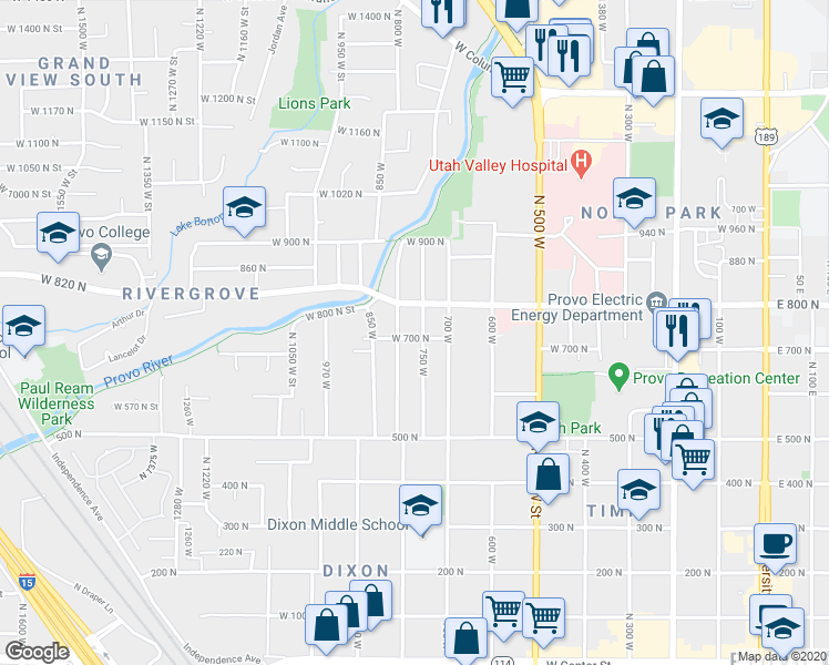 map of restaurants, bars, coffee shops, grocery stores, and more near 760 700 North in Provo