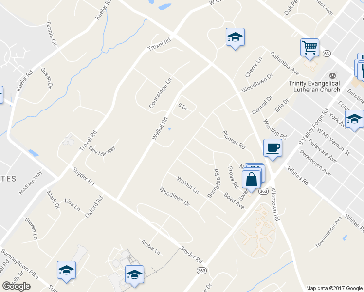 map of restaurants, bars, coffee shops, grocery stores, and more near 824 Woodlawn Drive in Lansdale