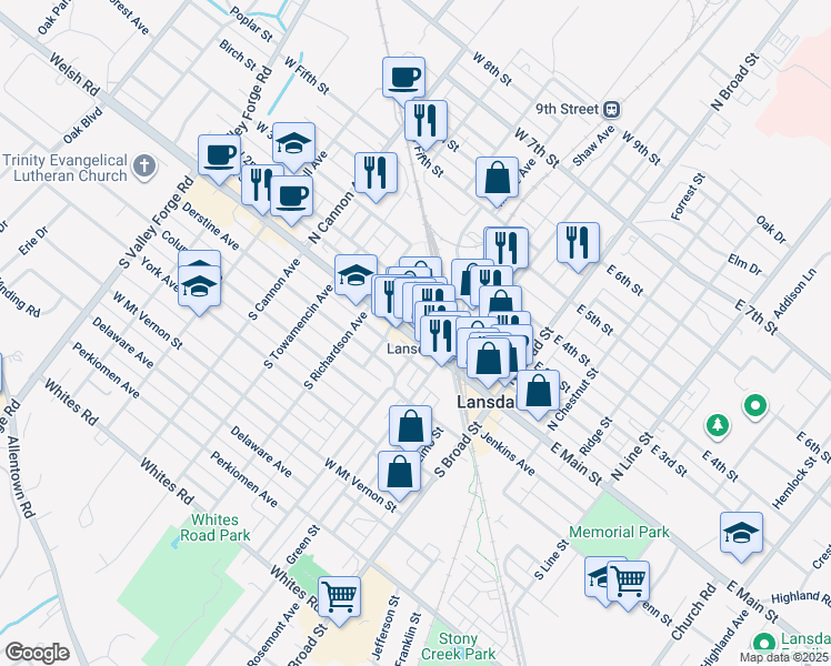 map of restaurants, bars, coffee shops, grocery stores, and more near 311 West Main Street in Lansdale