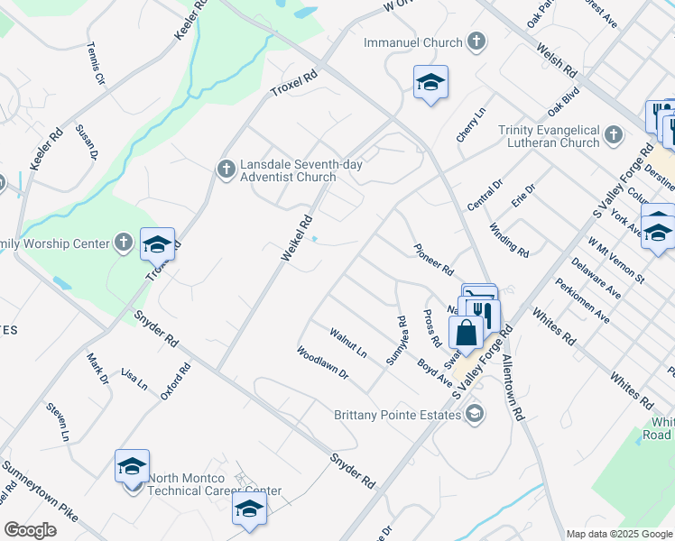 map of restaurants, bars, coffee shops, grocery stores, and more near 824 Woodlawn Drive in Lansdale