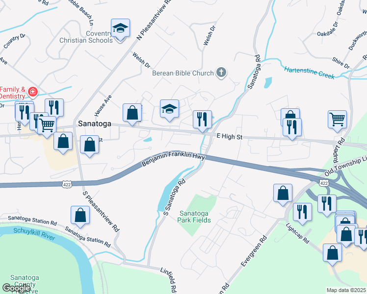 map of restaurants, bars, coffee shops, grocery stores, and more near 2606 Terraced Hill Court in Pottstown