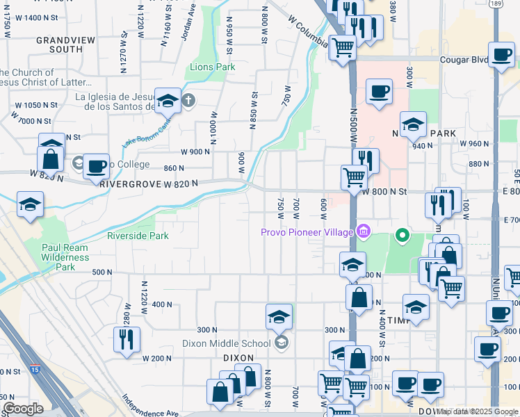 map of restaurants, bars, coffee shops, grocery stores, and more near 707 North 800 West in Provo