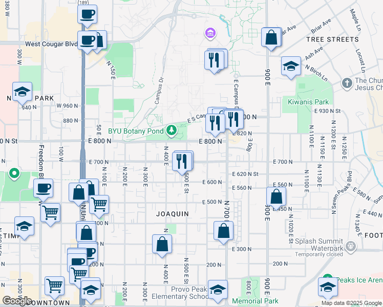 map of restaurants, bars, coffee shops, grocery stores, and more near 740 North 500 East in Provo