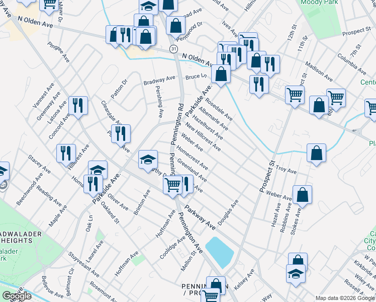 map of restaurants, bars, coffee shops, grocery stores, and more near 280 Homecrest Avenue in Trenton