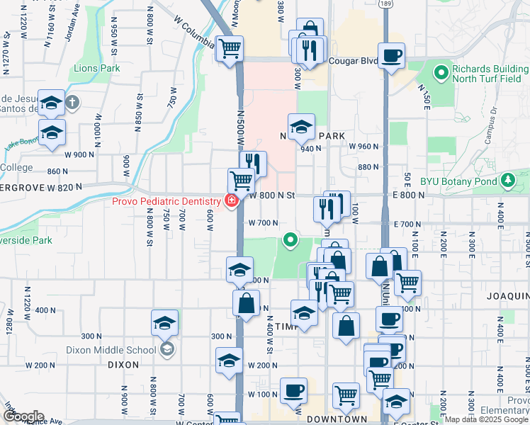 map of restaurants, bars, coffee shops, grocery stores, and more near 734 440 West in Provo