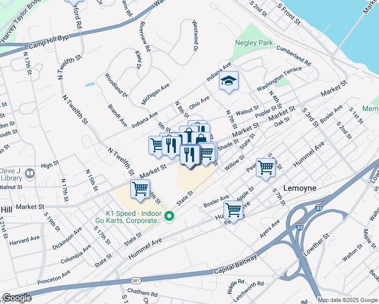 map of restaurants, bars, coffee shops, grocery stores, and more near 875 Market Street in Lemoyne