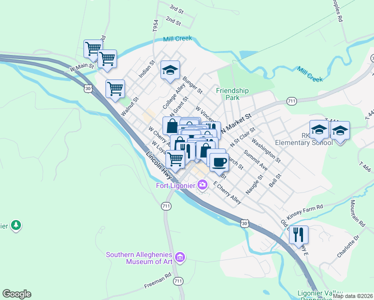 map of restaurants, bars, coffee shops, grocery stores, and more near 137 West Main Street in Ligonier