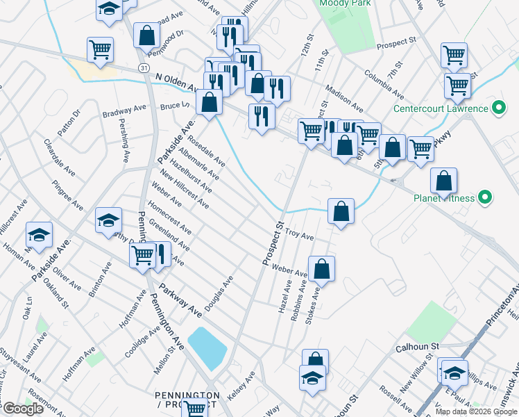 map of restaurants, bars, coffee shops, grocery stores, and more near 141 Rosedale Avenue in Ewing Township