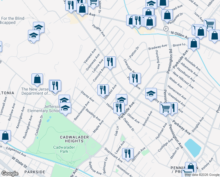 map of restaurants, bars, coffee shops, grocery stores, and more near 339 Hillcrest Avenue in Ewing Township