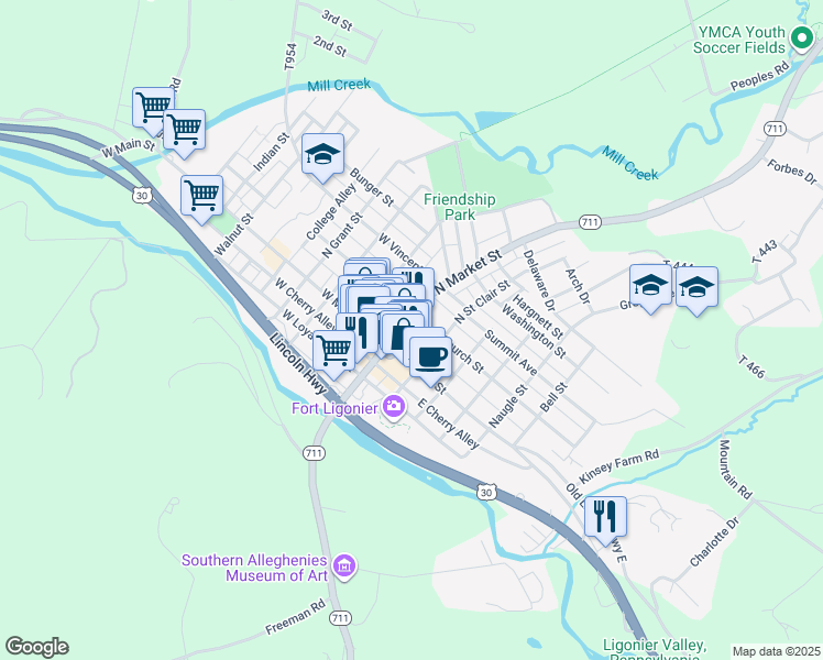map of restaurants, bars, coffee shops, grocery stores, and more near in Ligonier