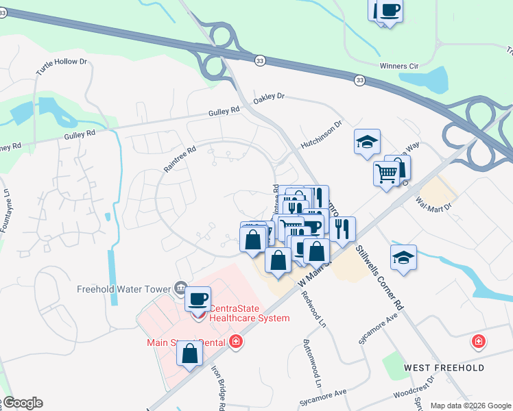 map of restaurants, bars, coffee shops, grocery stores, and more near 38 Woodmere Court in Freehold