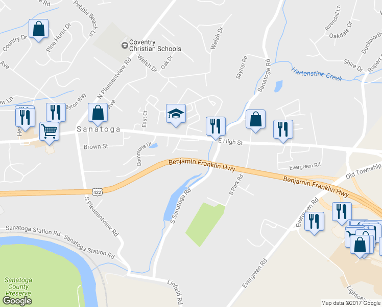map of restaurants, bars, coffee shops, grocery stores, and more near 2606 Terraced Hill Court in Pottstown