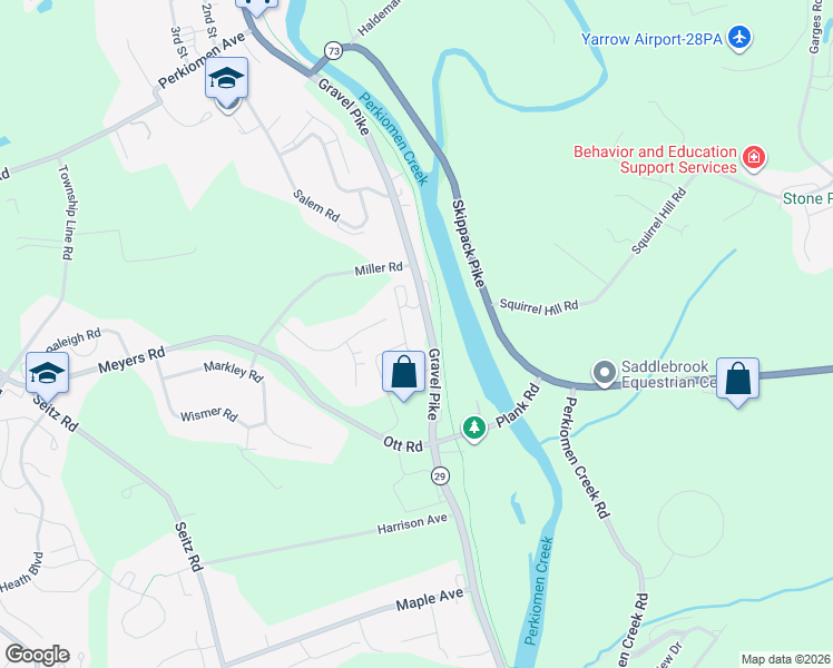 map of restaurants, bars, coffee shops, grocery stores, and more near 16 Eagleview Lane in Schwenksville