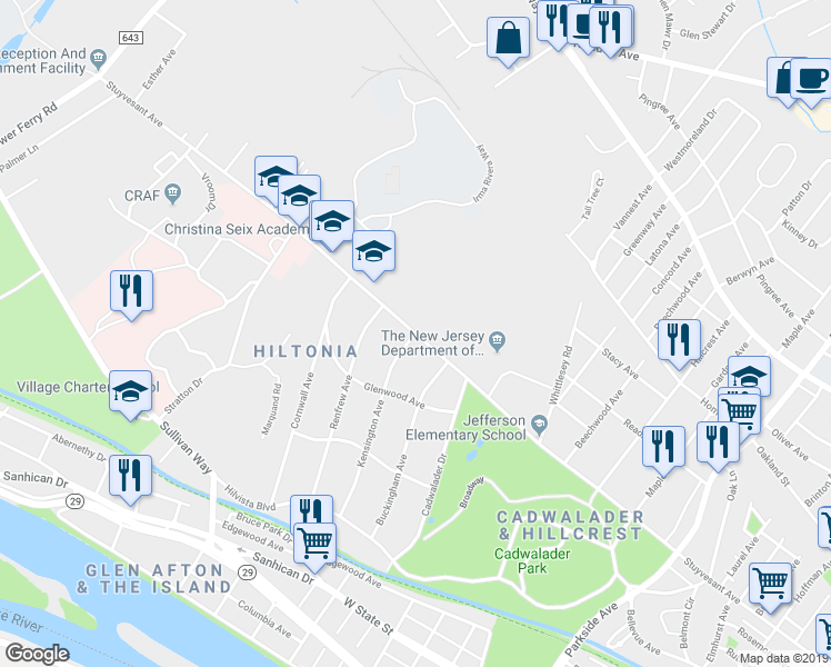 map of restaurants, bars, coffee shops, grocery stores, and more near Stuyvesant Avenue & Kensington Avenue in Trenton