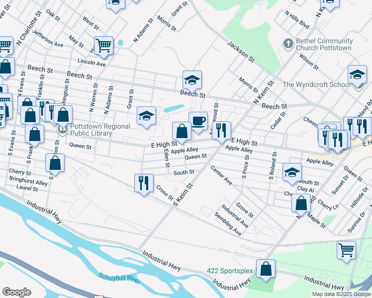 map of restaurants, bars, coffee shops, grocery stores, and more near 319 Montgomery Street in Pottstown