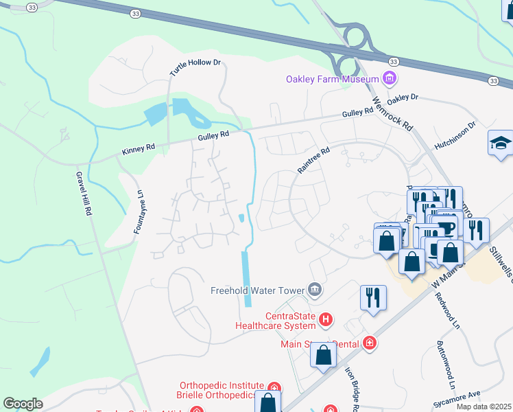 map of restaurants, bars, coffee shops, grocery stores, and more near 230 Daffodil Drive in Freehold