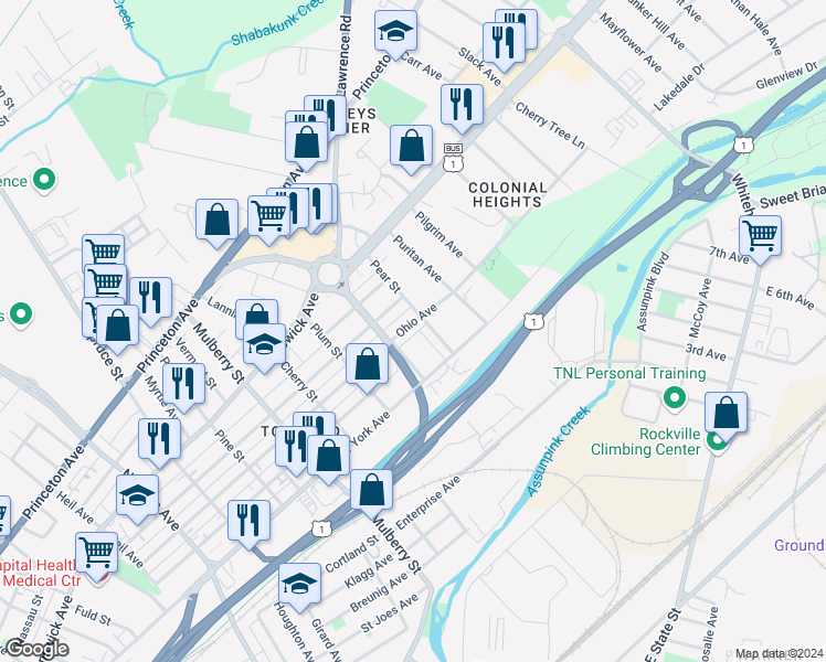 map of restaurants, bars, coffee shops, grocery stores, and more near 7 Lambert Way in Trenton