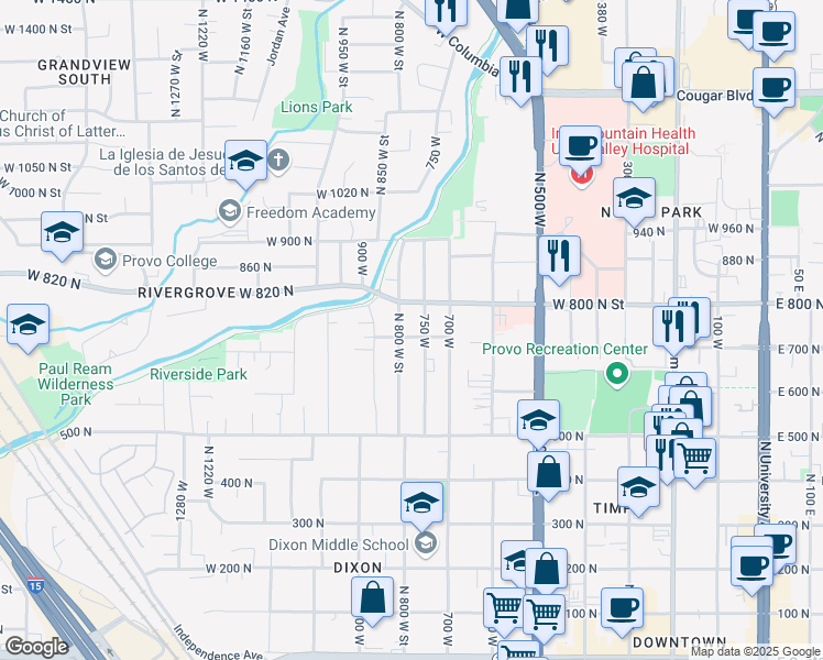 map of restaurants, bars, coffee shops, grocery stores, and more near 770 700 North in Provo