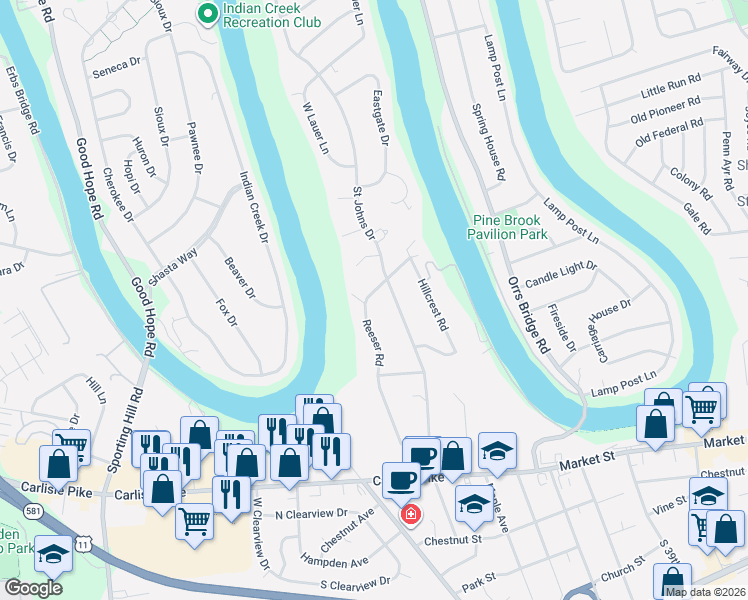 map of restaurants, bars, coffee shops, grocery stores, and more near 301 Reeser Rd in Camp Hill