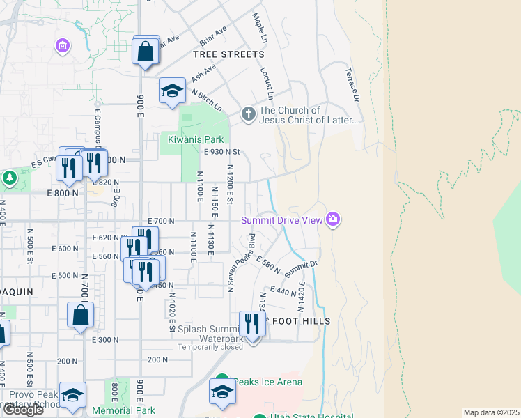 map of restaurants, bars, coffee shops, grocery stores, and more near 734 Hillsdale Lane in Provo