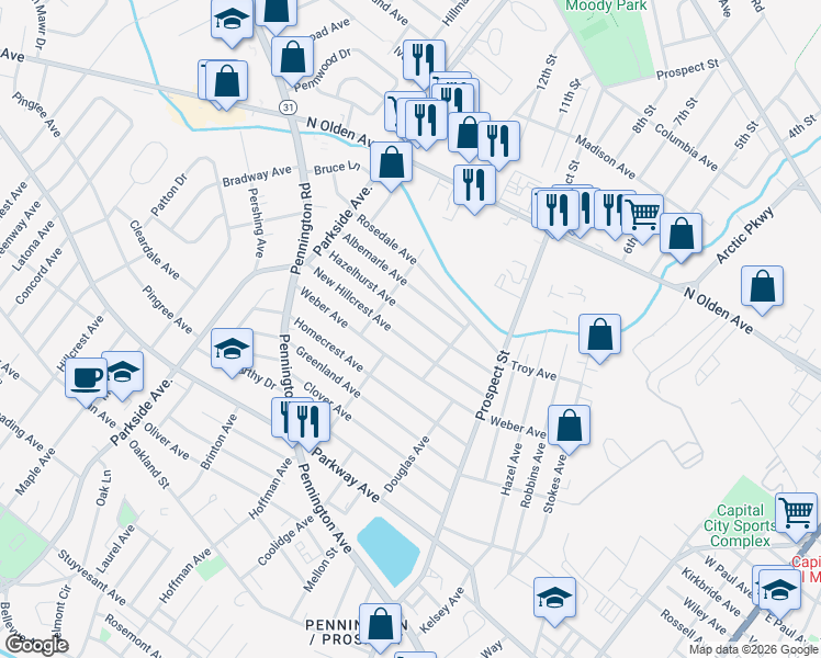 map of restaurants, bars, coffee shops, grocery stores, and more near 133 Hazelhurst Avenue in Ewing Township