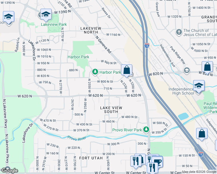 map of restaurants, bars, coffee shops, grocery stores, and more near 2384 710 North in Provo