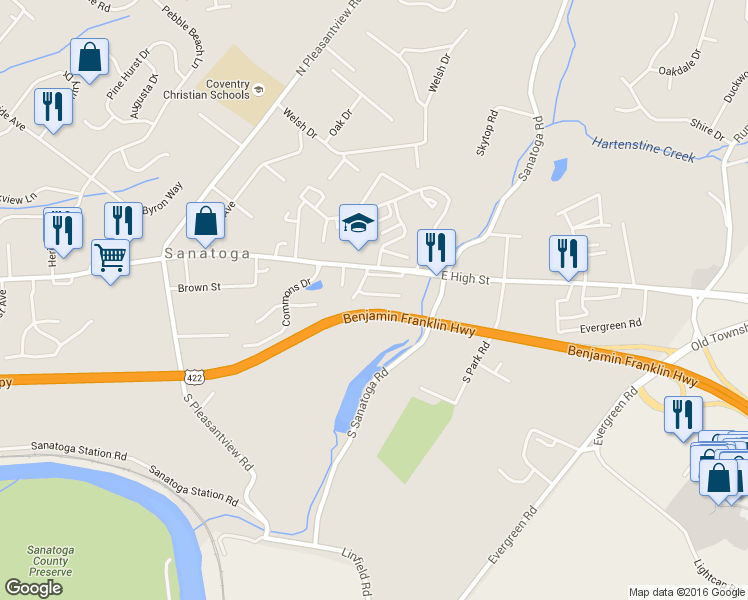 map of restaurants, bars, coffee shops, grocery stores, and more near 2586 Terraced Hill Court in Sanatoga