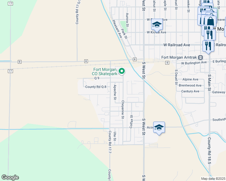 map of restaurants, bars, coffee shops, grocery stores, and more near 301 Apache Street in Fort Morgan