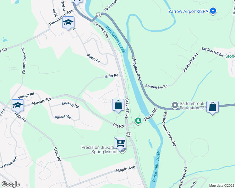 map of restaurants, bars, coffee shops, grocery stores, and more near 16 Eagleview Lane in Schwenksville