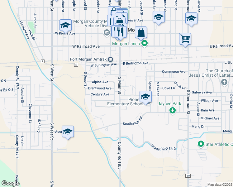 map of restaurants, bars, coffee shops, grocery stores, and more near 304 Landmark Drive in Fort Morgan