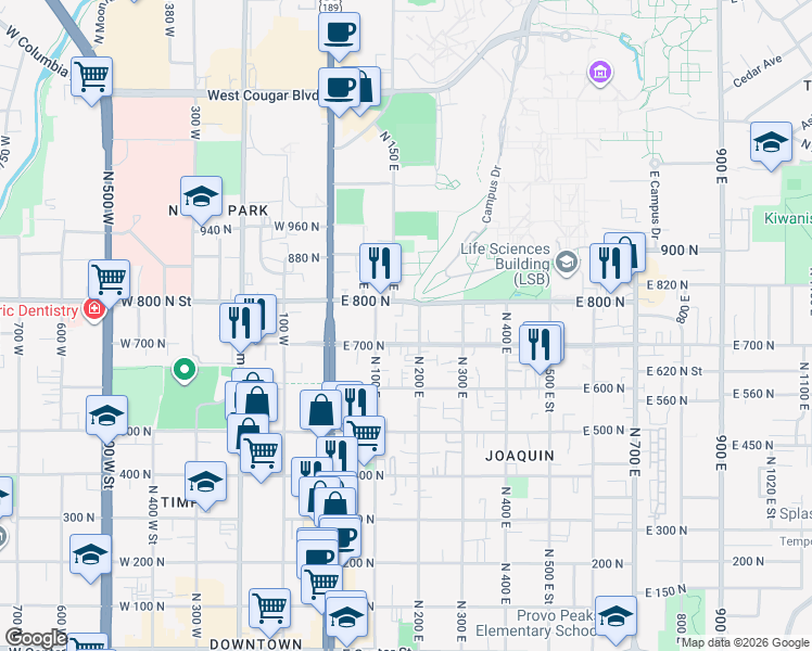 map of restaurants, bars, coffee shops, grocery stores, and more near 747 North 200 East in Provo