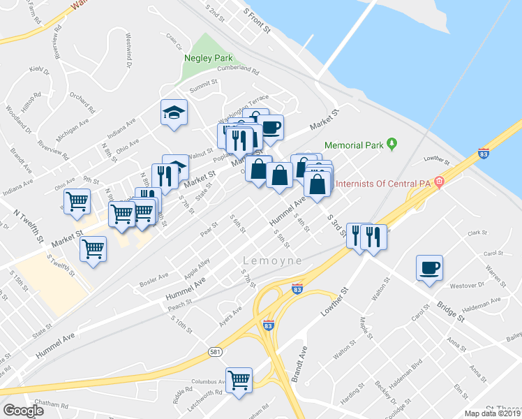 map of restaurants, bars, coffee shops, grocery stores, and more near 444 Bosler Avenue in Lemoyne