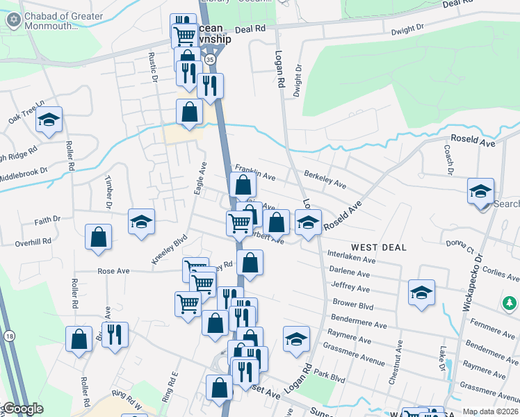 map of restaurants, bars, coffee shops, grocery stores, and more near 1304 Allaire Avenue in Wanamassa