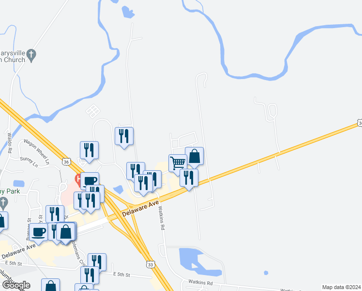 map of restaurants, bars, coffee shops, grocery stores, and more near 514 Allenby Drive in Marysville