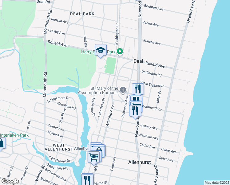 map of restaurants, bars, coffee shops, grocery stores, and more near 44 Woodford Road in Deal