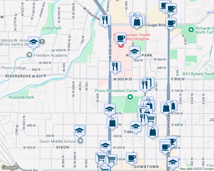map of restaurants, bars, coffee shops, grocery stores, and more near 745 North 500 West in Provo